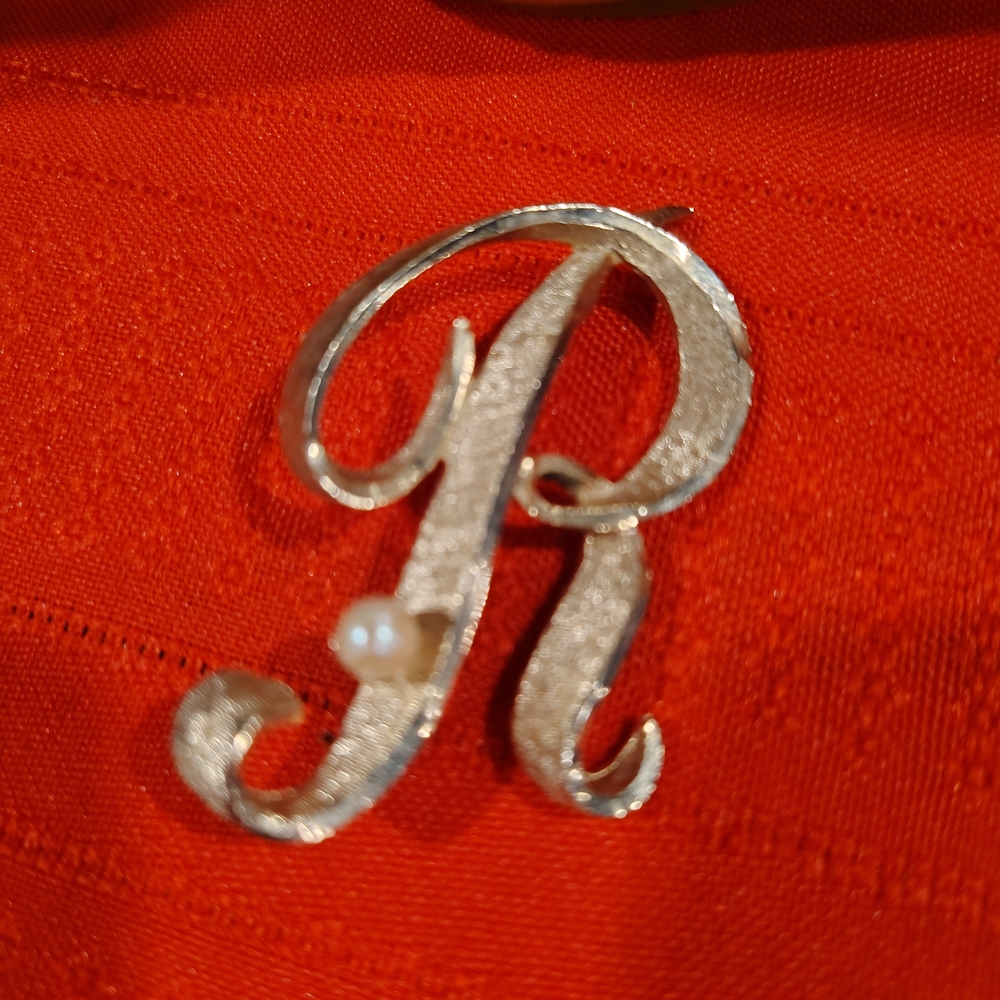 Chic R Monogram Gold Tone Initial Brooch with Pearl Detail
